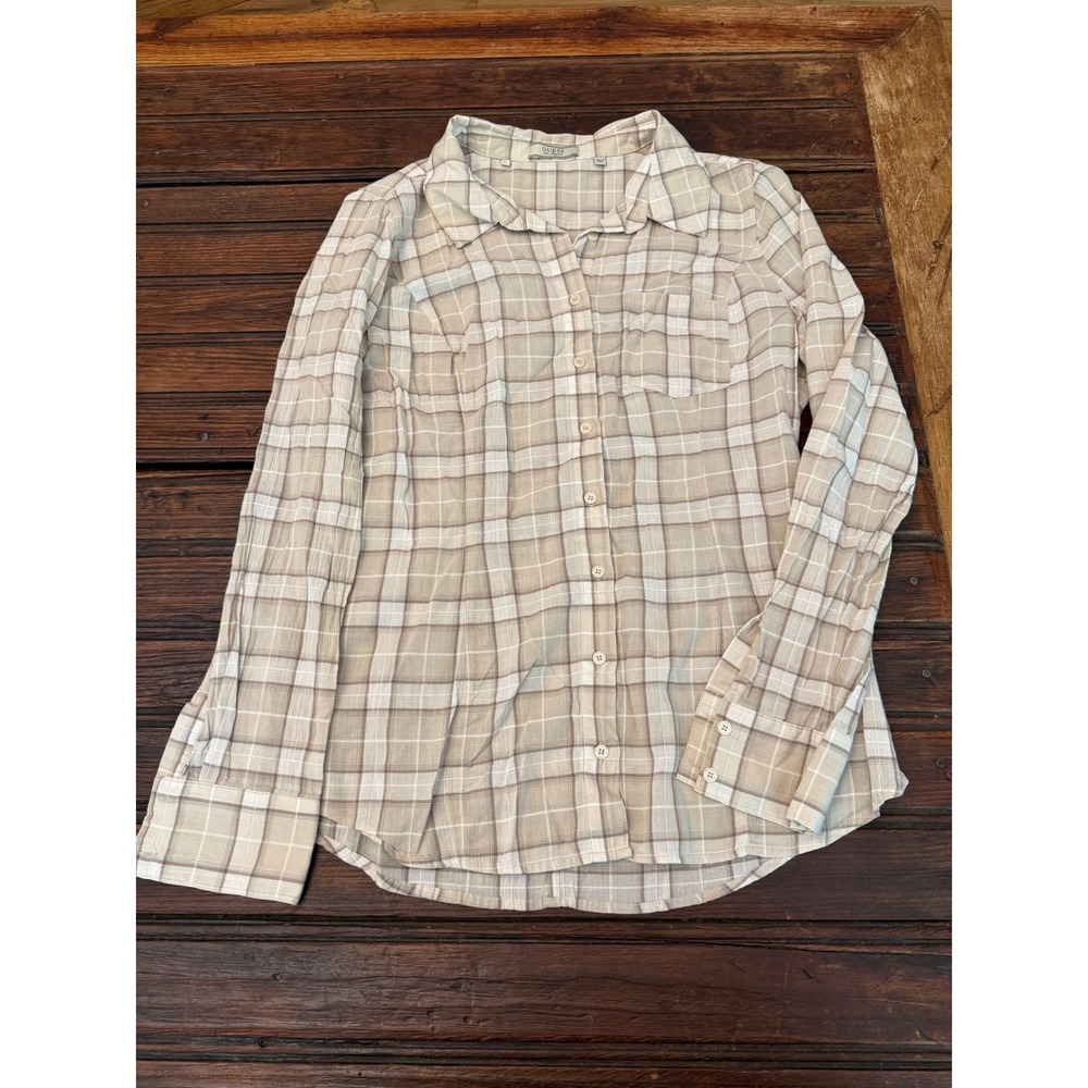 GUESS Los Angeles Womens Tan Plaid Button Down Shirt Long Sleeve Size L